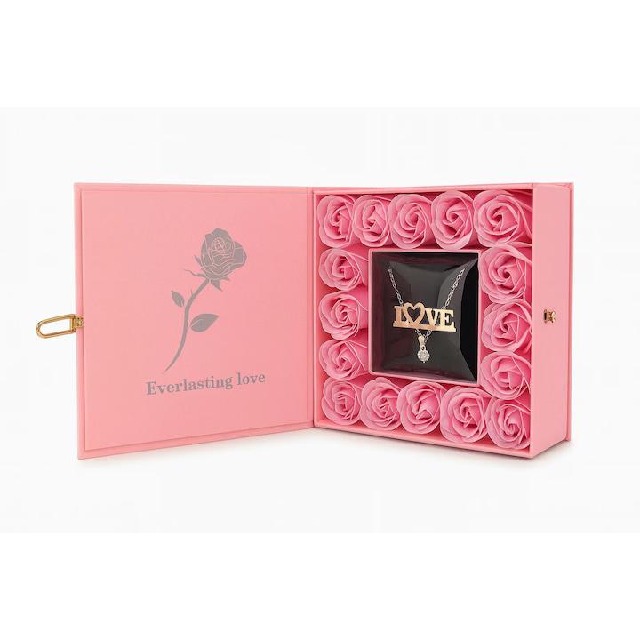 set 16 trandafiri roz cu lantisor